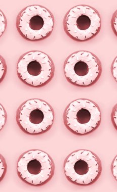 Birçok küçük plastik donuts bir pastel renkli arka plan üzerinde yatıyor. Düz yatıyordu en az desen. Üstten görünüm