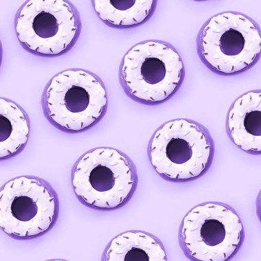 Birçok küçük plastik donuts bir pastel renkli arka plan üzerinde yatıyor. Düz yatıyordu en az desen. Üstten görünüm