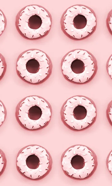 Muchos pequeños donuts de plástico se encuentra en un fondo de colores pastel. Piso establecer un patrón mínimo. Vista superior — Foto de Stock