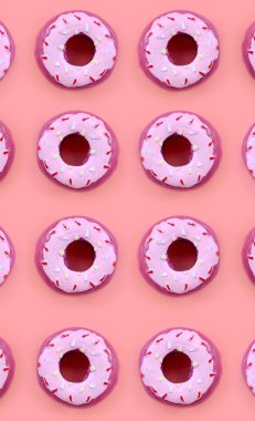 Birçok küçük plastik donuts bir pastel renkli arka plan üzerinde yatıyor. Düz yatıyordu en az desen. Üstten görünüm