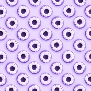 Birçok küçük plastik donuts bir pastel renkli arka plan üzerinde yatıyor. Düz yatıyordu en az desen. Üstten görünüm