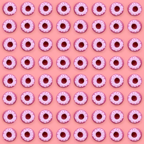 많은 작은 플라스틱 도넛 파스텔 화려한 배경에 놓여 있습니다. 평평 하다 최소한의 패턴입니다. 상위 뷰 — 스톡 사진