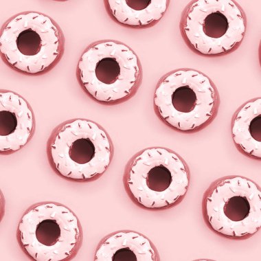Birçok küçük plastik donuts bir pastel renkli arka plan üzerinde yatıyor. Düz yatıyordu en az desen. Üstten görünüm