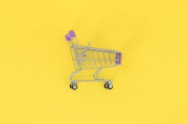 Alışveriş bağımlılığı, sevgilisi ya da Alışverişkoliğin kavramı alışveriş. Küçük boş alışveriş sepeti bir pastel renkli kağıt arka plan üzerinde yatıyor. Düz yatıyordu en az kompozisyon, üstten görünüm