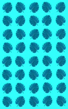Pastel renkli kağıt üzerinde tropikal palmiye monstera yaprakları yatıyor. Doğa yaz konsepti desen. Düz yatıyordu kompozisyon. Üstten görünüm
