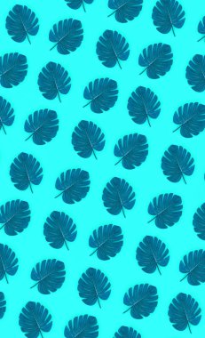 Pastel renkli kağıt üzerinde tropikal palmiye monstera yaprakları yatıyor. Doğa yaz konsepti desen. Düz yatıyordu kompozisyon. Üstten görünüm