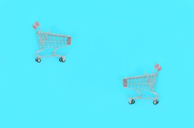 Alışveriş bağımlılığı, sevgilisi ya da Alışverişkoliğin kavramı alışveriş. Küçük boş alışveriş sepeti bir pastel renkli kağıt arka plan üzerinde yatıyor. Düz yatıyordu en az kompozisyon, üstten görünüm