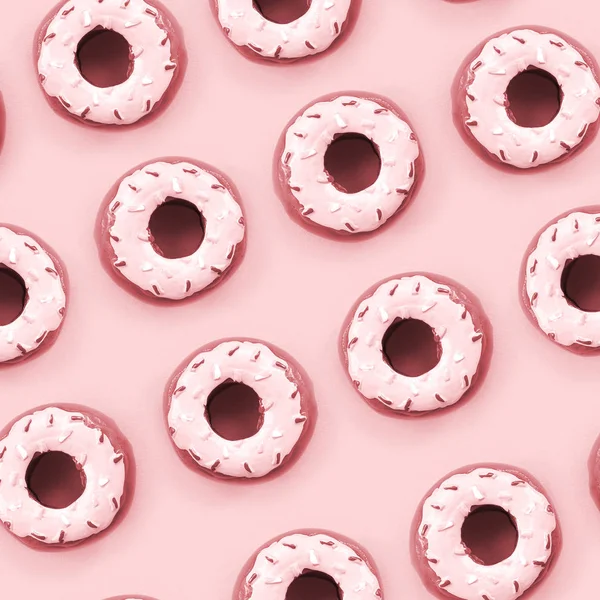 Vele kleine kunststof donuts ligt op een pastel kleurrijke achtergrond. Plat lag minimale patroon. Bovenaanzicht — Stockfoto