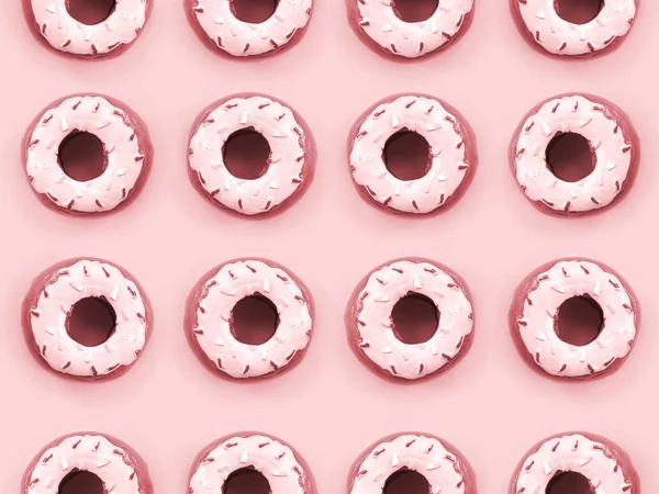 Muchos pequeños donuts de plástico se encuentra en un fondo de colores pastel. Piso establecer un patrón mínimo. Vista superior — Foto de Stock