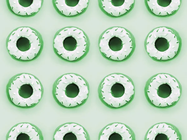 Many small plastic donuts lies on a pastel colorful background. Flat lay minimal pattern. Top view — Stock Photo, Image