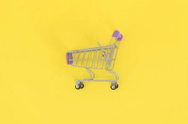 Einkaufssucht, Shopping-Liebhaber oder Shopaholic-Konzept. kleiner leerer Einkaufswagen liegt auf pastellfarbenem Papierhintergrund. flache Lage minimale Komposition, Draufsicht — Stockfoto
