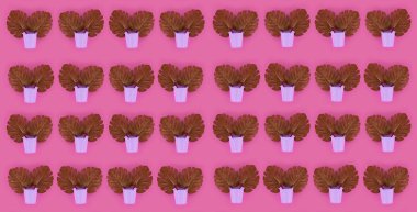 Tropikal palmiye monstera yaprakları renkli bir arka plan üzerinde pastel bir kova yatıyor. Düz yatıyordu trendy en az desen. Üstten görünüm