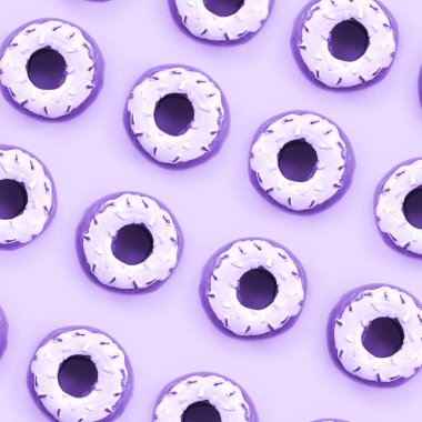 Birçok küçük plastik donuts bir pastel renkli arka plan üzerinde yatıyor. Düz yatıyordu en az desen. Üstten görünüm