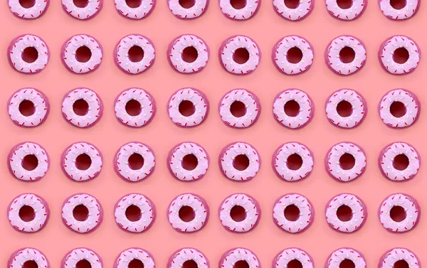 Многие маленькие пластиковые пончики лежат на пастельном красочном фоне. Плоский лежал минимальный шаблон. Вид сверху — стоковое фото