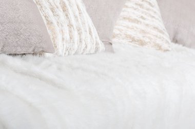 Kanepede büyük peluş duvak ile kaplıdır birçok yastıklar yalan