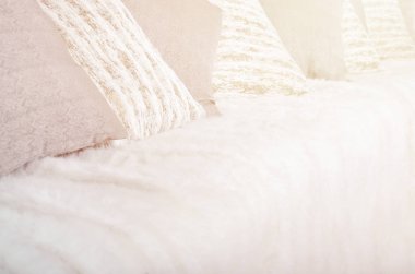 Kanepede büyük peluş duvak ile kaplıdır birçok yastıklar yalan