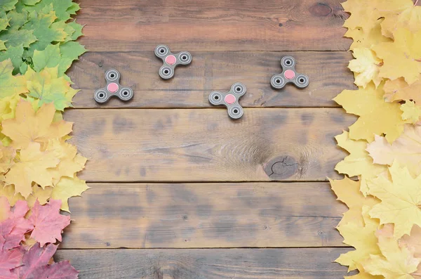 Verschillende Spinners Onder Vele Vergeling Gevallen Herfstbladeren Het Oppervlak Van — Stockfoto