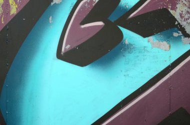 Grafiti çizimler parçası. Eski duvar boya lekeleri sokak sanatı kültür tarzı ile dekore edilmiştir. Renkli arka plan doku soğuk tonlarda.