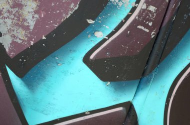 Grafiti çizimler parçası. Eski duvar boya lekeleri sokak sanatı kültür tarzı ile dekore edilmiştir. Renkli arka plan doku soğuk tonlarda.