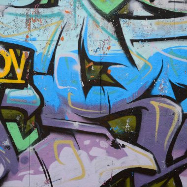 Grafiti çizimler parçası. Eski duvar boya lekeleri sokak sanatı kültür tarzı ile dekore edilmiştir. Renkli arka plan doku soğuk tonlarda.