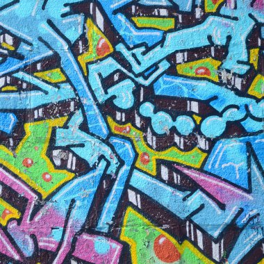 Grafiti çizimler parçası. Eski duvar boya lekeleri sokak sanatı kültür tarzı ile dekore edilmiştir. Renkli arka plan doku soğuk tonlarda.