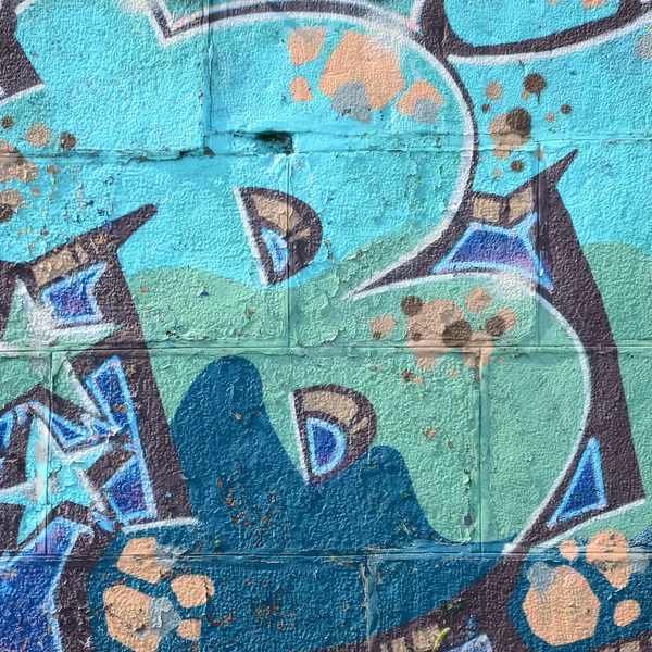 落書き図面のフラグメント 古い壁塗料の汚れストリート アート文化のスタイルで飾られています 冷たいトーンの色の背景のテクスチャ — ストック写真