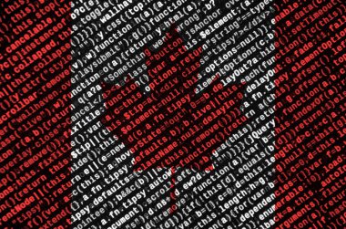 Kanada bayrağı ekrandaki program kodu ile tasvir edilir. Modern teknoloji ve site geliştirme kavramı.