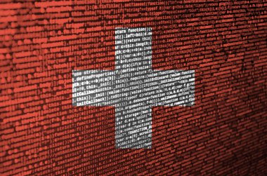 İsviçre bayrağı ekrandaki program kodu ile tasvir edilir. Modern teknoloji ve site geliştirme kavramı.