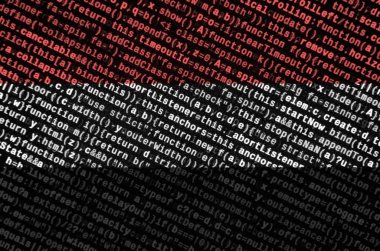 Yemen bayrak üstünde perde program kodu ile tasvir edilir. Modern teknoloji ve site geliştirme kavramı.