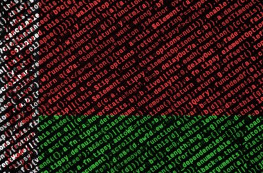 Beyaz Rusya bayrağı ekrandaki program kodu ile tasvir edilir. Modern teknoloji ve site geliştirme kavramı.