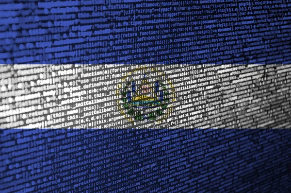 El Salvador flag  is depicted on the screen with the program code. The concept of modern technology and site development.