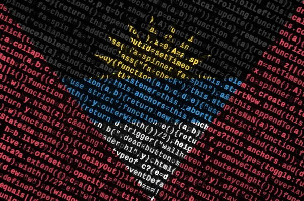 Antigua und Barbuda Flagge wird auf dem Bildschirm mit dem Programmcode dargestellt. das Konzept der modernen Technologie und Standortentwicklung. — Stockbild Antigua Und Barbuda Flagge Wird Auf Dem Bildschirm Mit Dem — Stockfoto