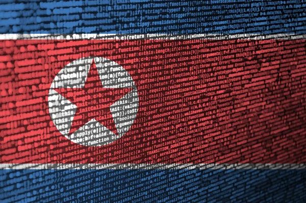 Bandeira Coreia Norte Representada Tela Com Código Programa Conceito Tecnologia — Fotografia de Stock