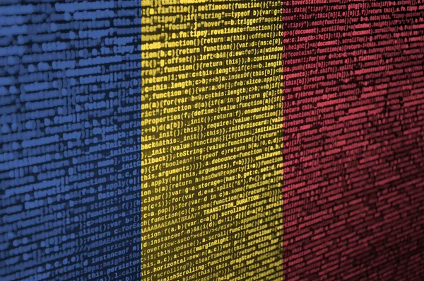 Bandeira Romênia Retratada Tela Com Código Programa Conceito Tecnologia Moderna — Fotografia de Stock