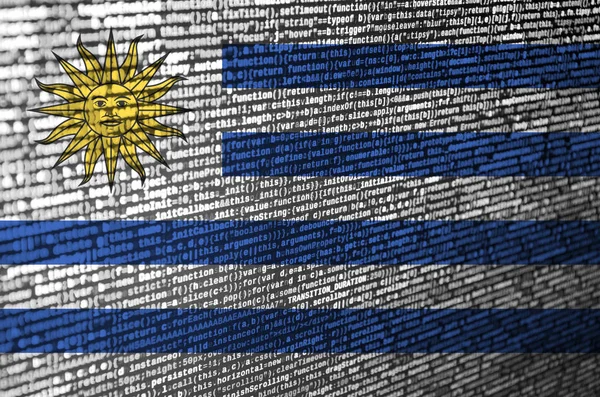 Uruguay flag  is depicted on the screen with the program code. The concept of modern technology and site development.