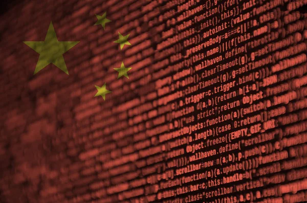 Čínské Vlajky Zobrazen Obrazovce Kódem Programu Koncepce Vývoje Moderní Technologie — Stock fotografie