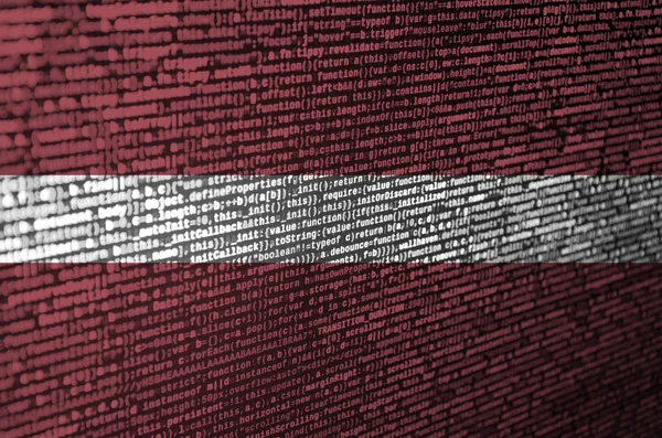 Bandeira Letónia Representada Tela Com Código Programa Conceito Tecnologia Moderna — Fotografia de Stock