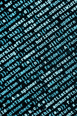 JavaScript kodu metin düzenleyicisinde. Siber kavramı kodlama. Javascript kod geliştirme web ekran. SEO kavramları daha iyi Serp için uygulama. HTML biçimlendirme dili portre. Web sitesi tasarımı