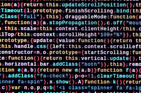 Javascript functions, variables, objects. Monitor closeup of function source code. IT specialist workplace. Big data and Internet of things trend. HTML website structure. Website programming code