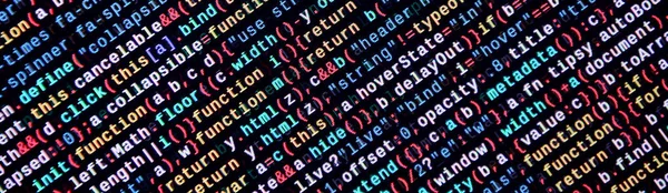 Javascript functions, variables, objects. Monitor closeup of function source code. IT specialist workplace. Big data and Internet of things trend. HTML website structure. Website programming code