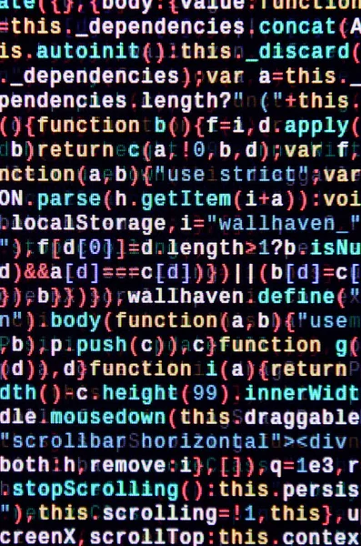 JavaScript code in text editor. Coding cyberspace concept. Screen of web developing javascript code. Implementing SEO concepts for better SERP. HTML markup language closeup. Website design