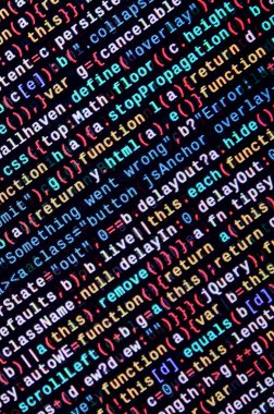 JavaScript kodu metin düzenleyicisinde. Siber kavramı kodlama. Javascript kod geliştirme web ekran. SEO kavramları daha iyi Serp için uygulama. HTML biçimlendirme dili portre. Web sitesi tasarımı