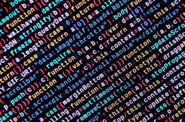 JavaScript kodu metin düzenleyicisinde. Siber kavramı kodlama. Javascript kod geliştirme web ekran. SEO kavramları daha iyi Serp için uygulama. HTML biçimlendirme dili portre. Web sitesi tasarımı