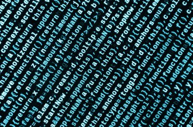 JavaScript kodu metin düzenleyicisinde. Siber kavramı kodlama. Javascript kod geliştirme web ekran. SEO kavramları daha iyi Serp için uygulama. HTML biçimlendirme dili portre. Web sitesi tasarımı