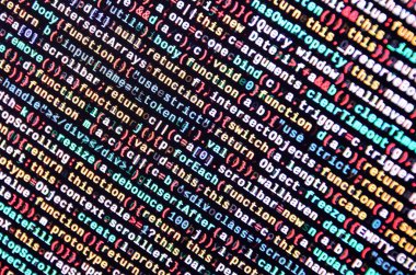 JavaScript kodu metin düzenleyicisinde. Siber kavramı kodlama. Javascript kod geliştirme web ekran. SEO kavramları daha iyi Serp için uygulama. HTML biçimlendirme dili portre. Web sitesi tasarımı