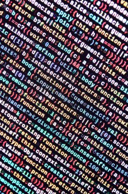 JavaScript kodu metin düzenleyicisinde. Siber kavramı kodlama. Javascript kod geliştirme web ekran. SEO kavramları daha iyi Serp için uygulama. HTML biçimlendirme dili portre. Web sitesi tasarımı