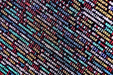 JavaScript kodu metin düzenleyicisinde. Siber kavramı kodlama. Javascript kod geliştirme web ekran. SEO kavramları daha iyi Serp için uygulama. HTML biçimlendirme dili portre. Web sitesi tasarımı