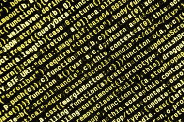 JavaScript kodu metin düzenleyicisinde. Siber kavramı kodlama. Javascript kod geliştirme web ekran. SEO kavramları daha iyi Serp için uygulama. HTML biçimlendirme dili portre. Web sitesi tasarımı