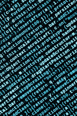 JavaScript kodu metin düzenleyicisinde. Siber kavramı kodlama. Javascript kod geliştirme web ekran. SEO kavramları daha iyi Serp için uygulama. HTML biçimlendirme dili portre. Web sitesi tasarımı