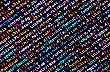 JavaScript kodu metin düzenleyicisinde. Siber kavramı kodlama. Javascript kod geliştirme web ekran. SEO kavramları daha iyi Serp için uygulama. HTML biçimlendirme dili portre. Web sitesi tasarımı